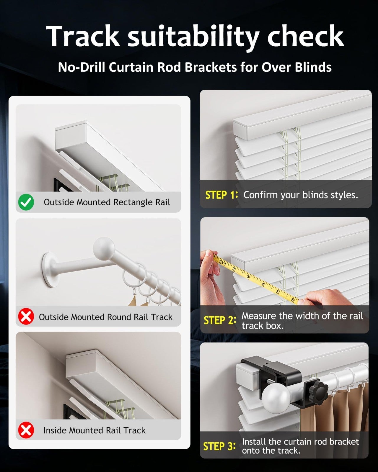 No Drill Curtain Rod Brackets for Outside-Mount Blinds, Tool-Free Holders, 4 Pac5