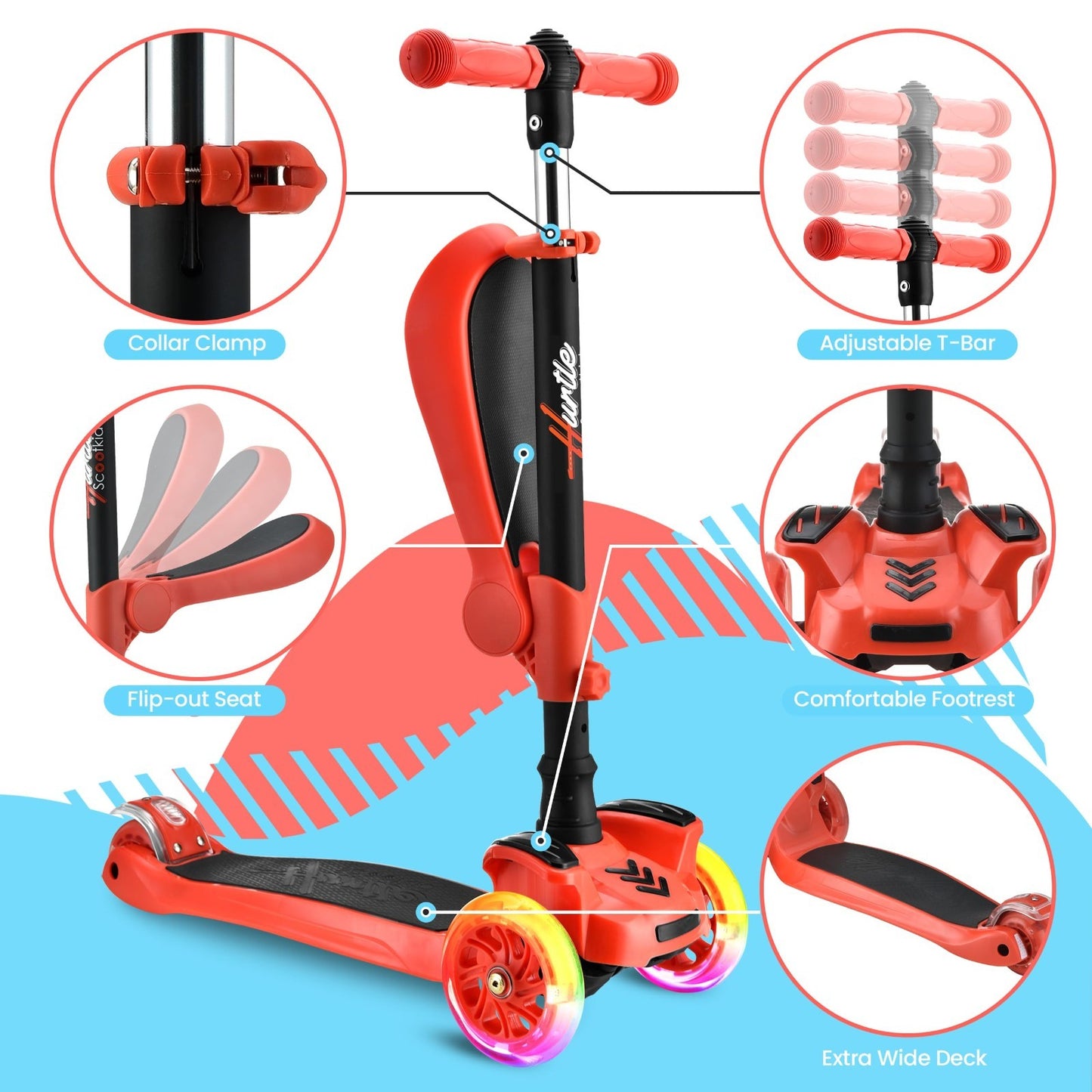 3-Wheeled Kids Scooter with LED Lights, Adjustable Handlebar, Foldable Seat - Si3