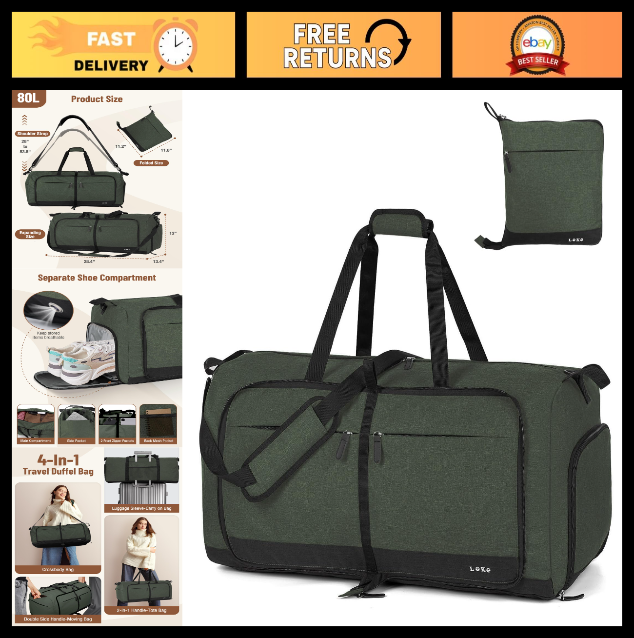 80L Foldable Travel Duffel Bag for Women - Large Weekend Carry-On with Shoe Comp0