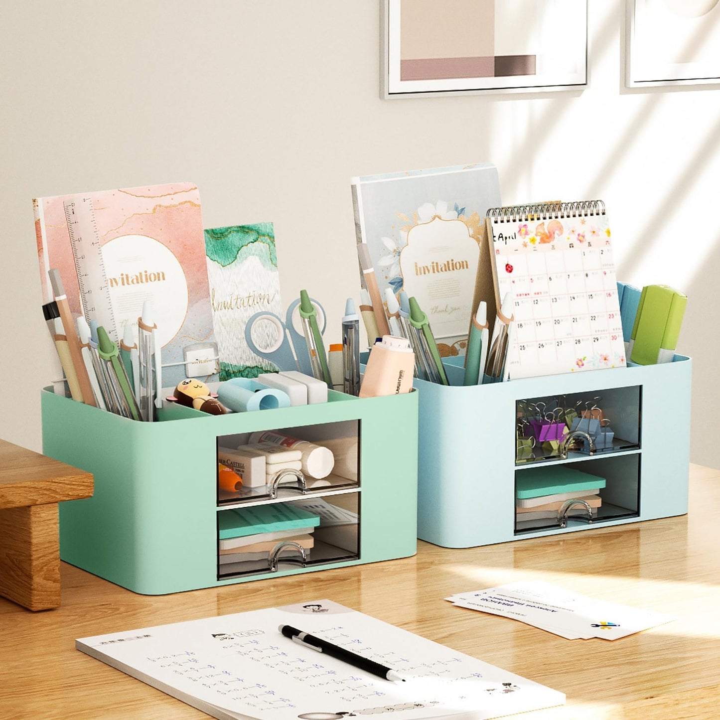 Multi Functional Desk Organizer with 2 Drawers, 5 Compartments, Pencil Holder  5