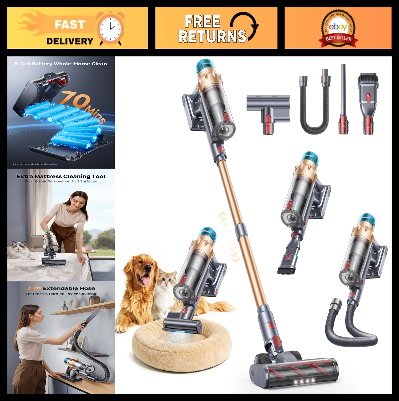 Powerful Cordless Vacuum Cleaner 55KPA 650W, 70Mins Runtime, Pet Hair, LED Touch0