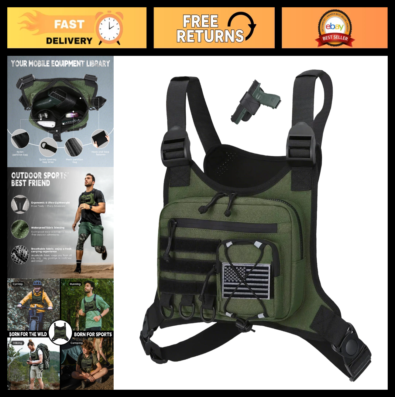 Men's Outdoor Chest Bag - Tactical Vest Holster for Pistols, EDC Pack for Hiking0