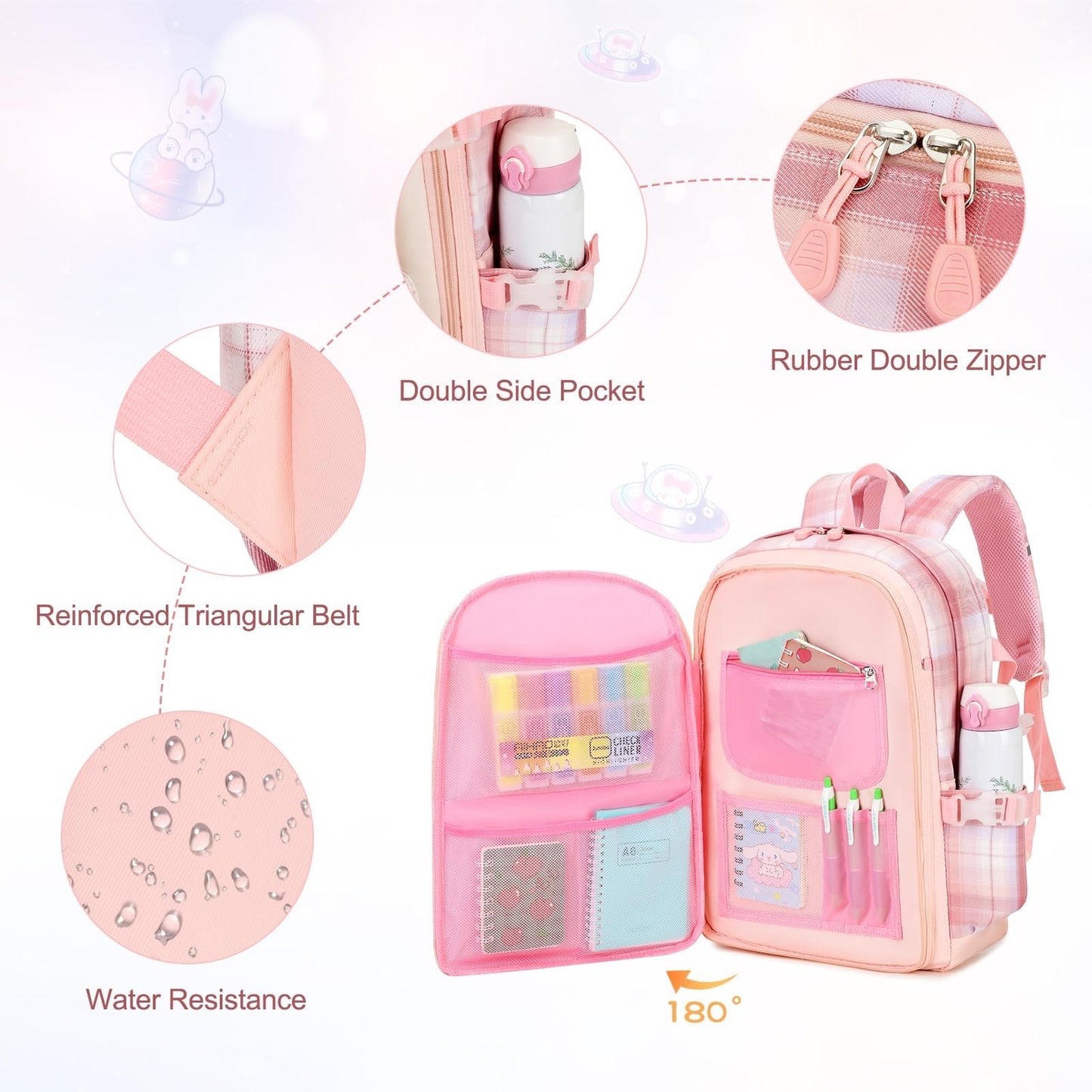 Kawaii Bunny Girls Backpack Set 3PCS   Pink Plaid School Bag with Lunch Box & Pe3