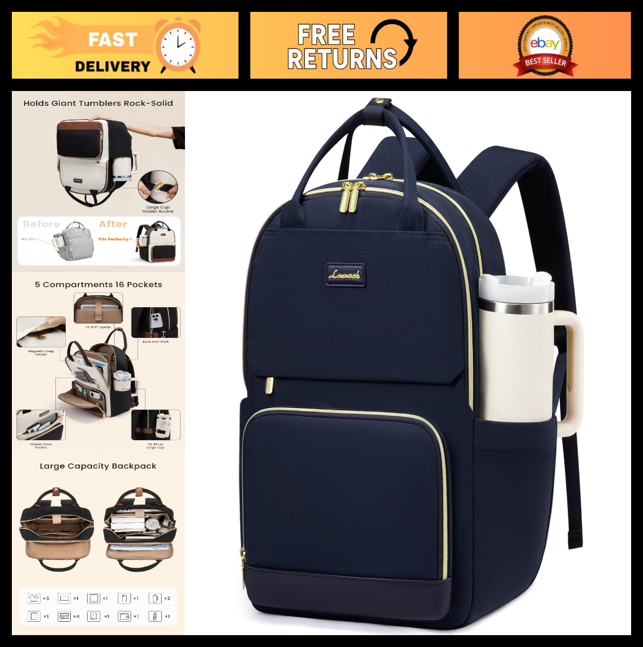 Stylish Waterproof Laptop Backpack for Women, 15.6" Travel Bag with Tumbler Hold0