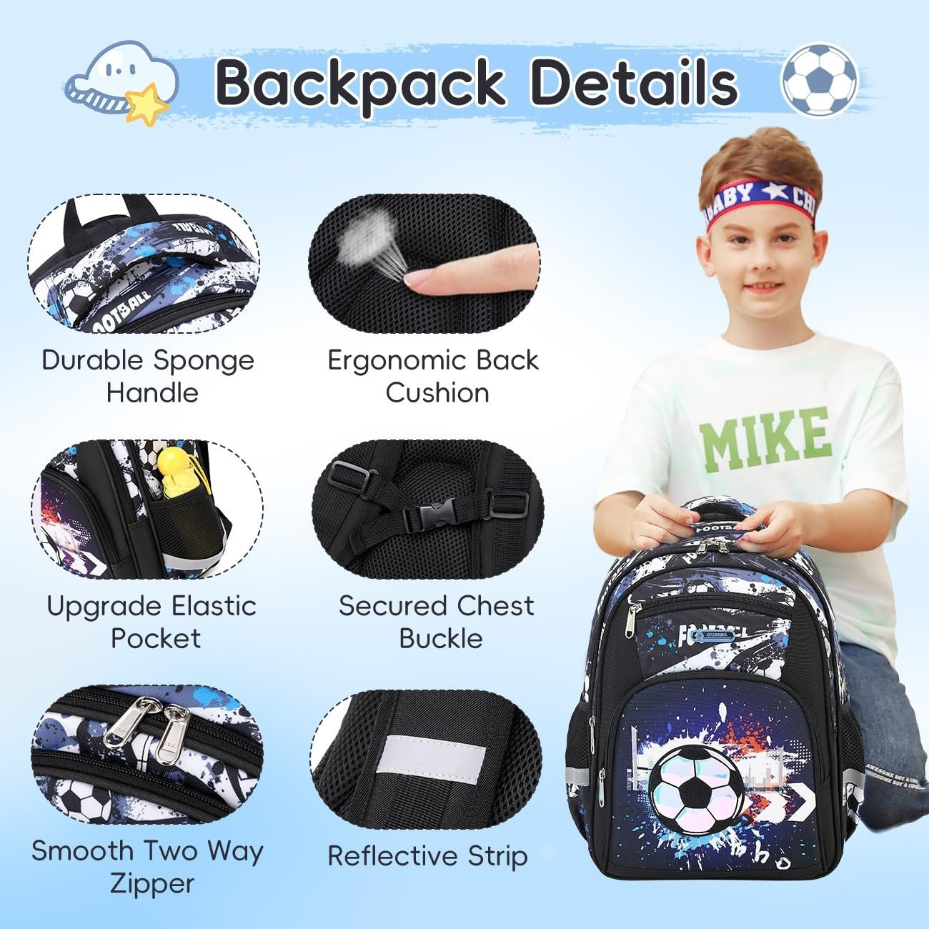 Lightweight Waterproof School Backpack for Kids, Large Capacity, Soccer Print, 14