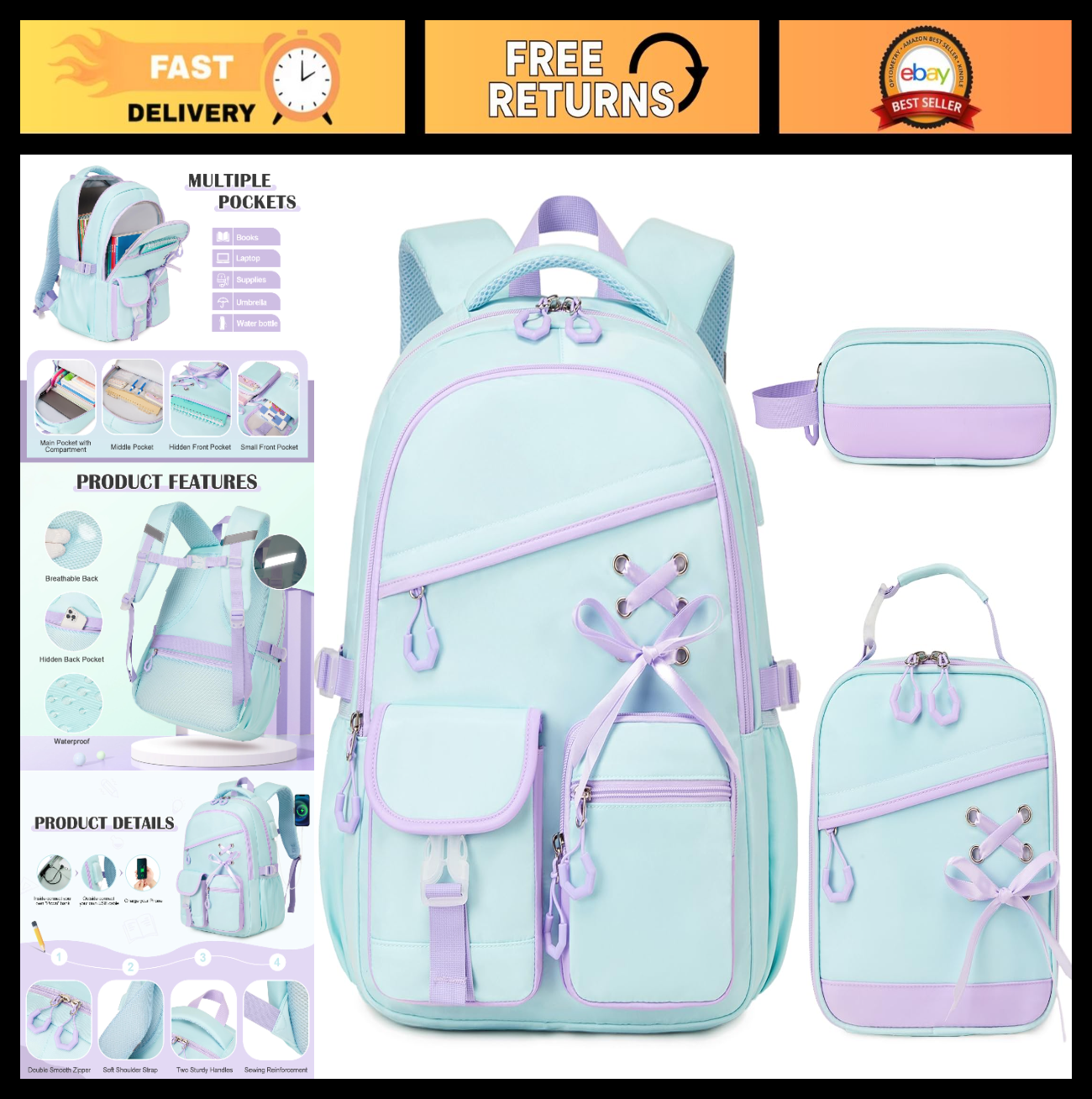 3PCS Girls School Backpack Set with Lunch Box & Pencil Pouch   Stylish & Durable0