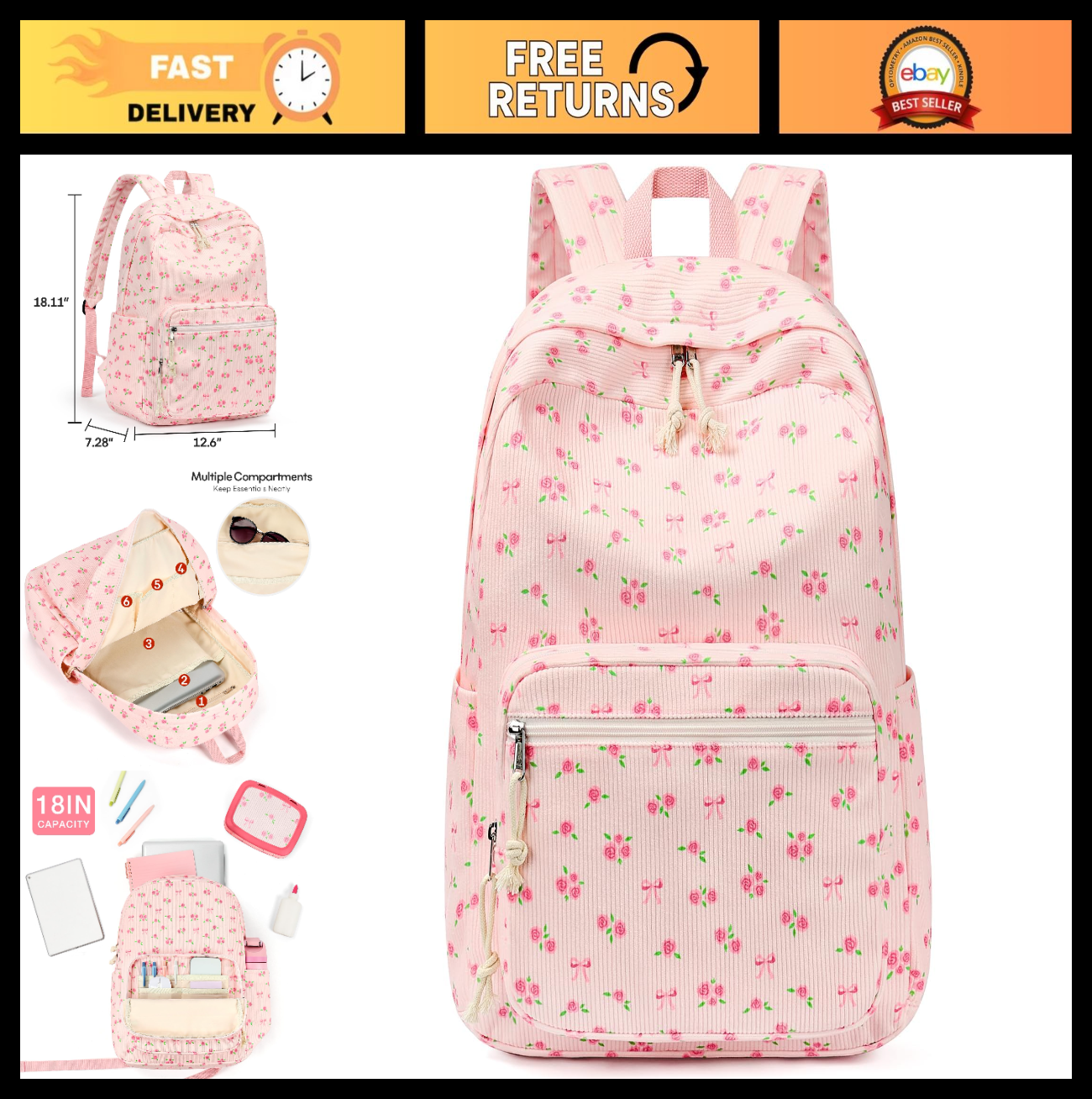 Trendy Corduroy Kids Backpack, Cute School Bag for Girls, Preppy Style Bookbag0