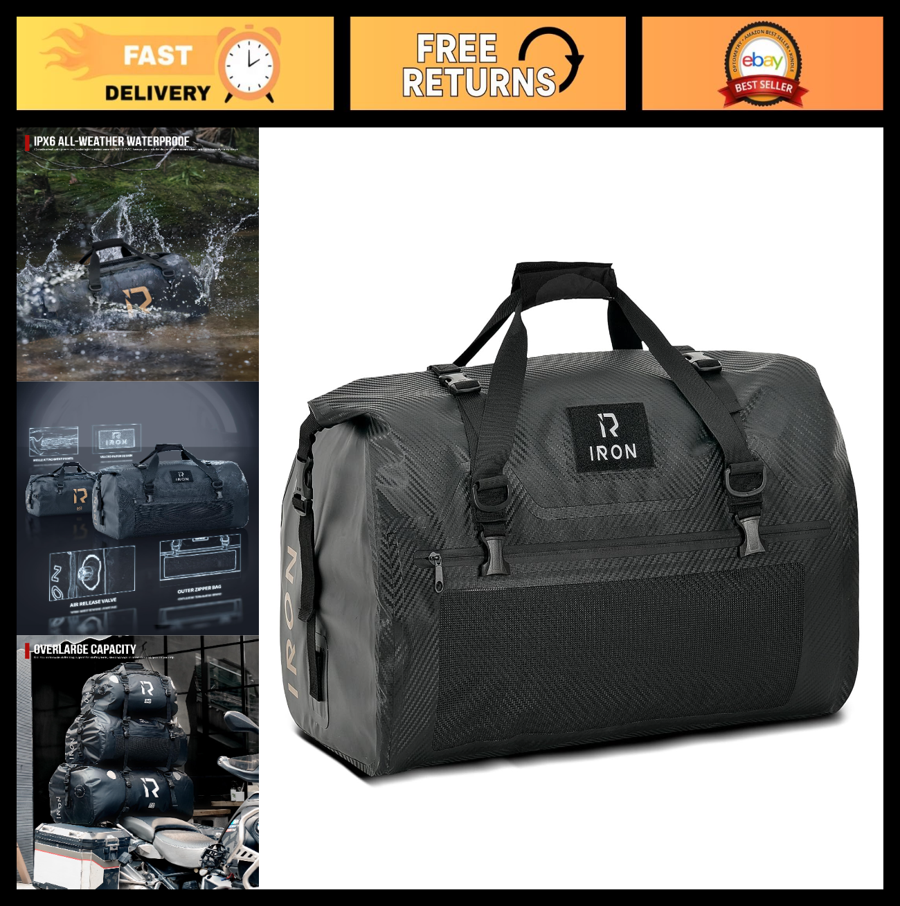 Waterproof Motorcycle Duffle Bag - 30L Tail Bag with Roll Top, Shoulder Straps,0