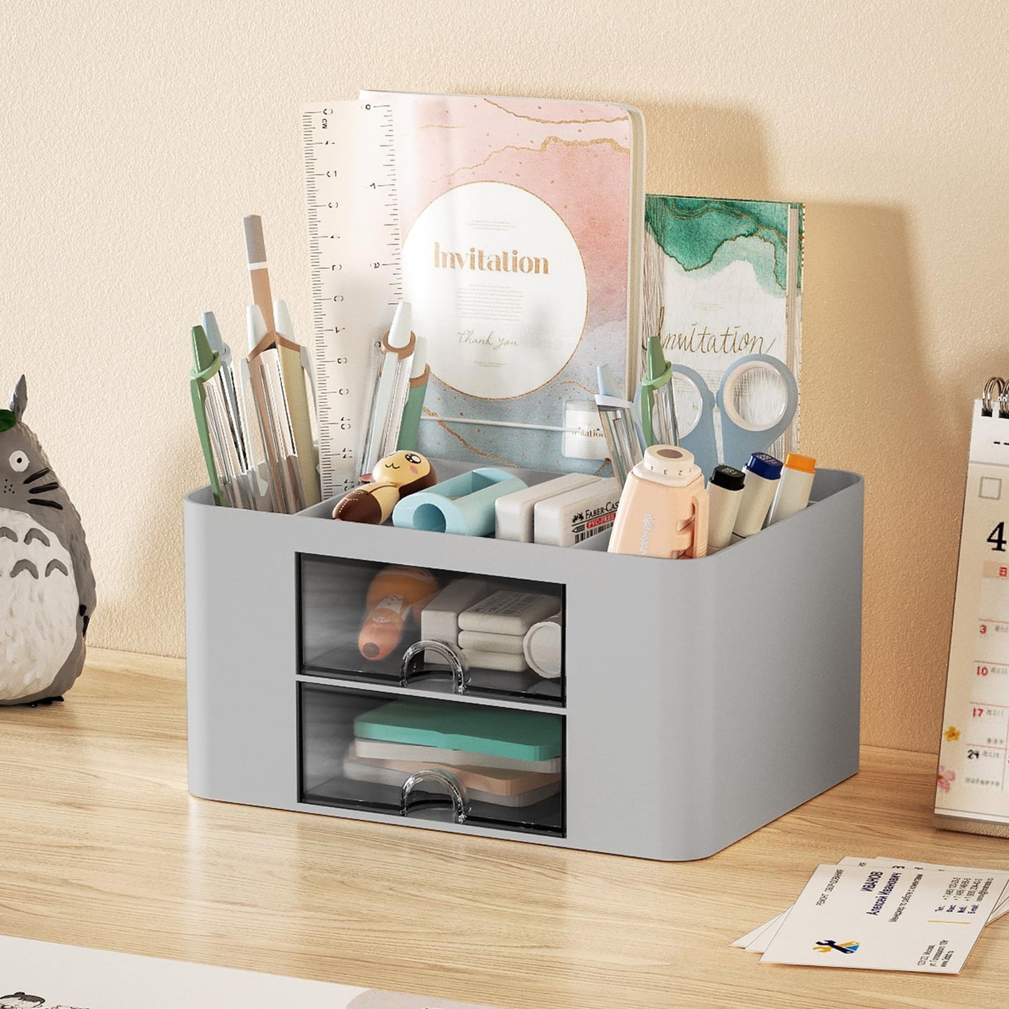 Multi Functional Desk Organizer with 2 Drawers, 5 Compartments, Pencil Holder, G2