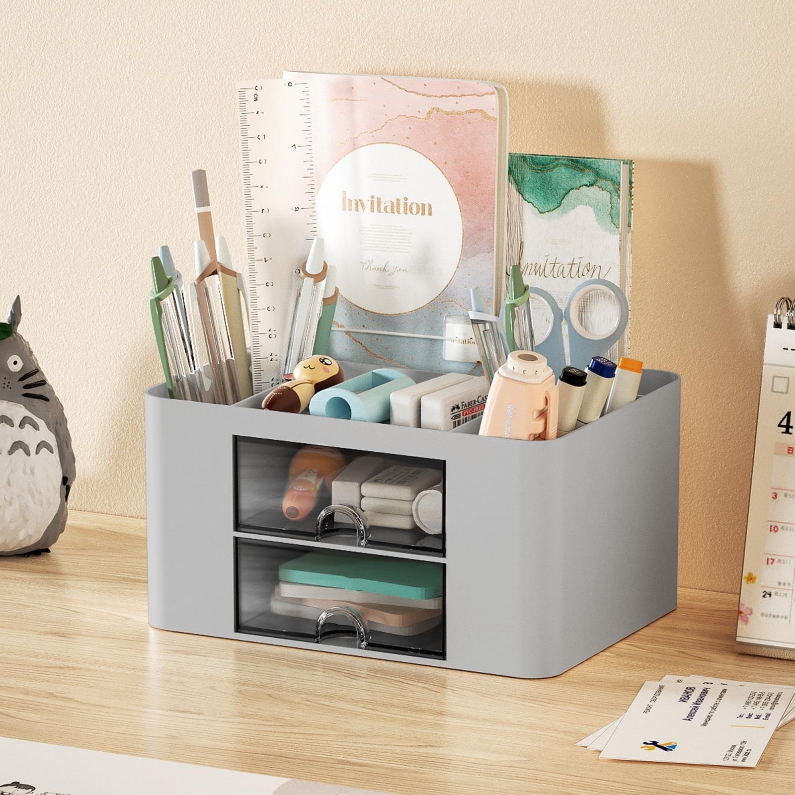 Multi Functional Desk Organizer with 2 Drawers, 5 Compartments, Pencil Holder, G2