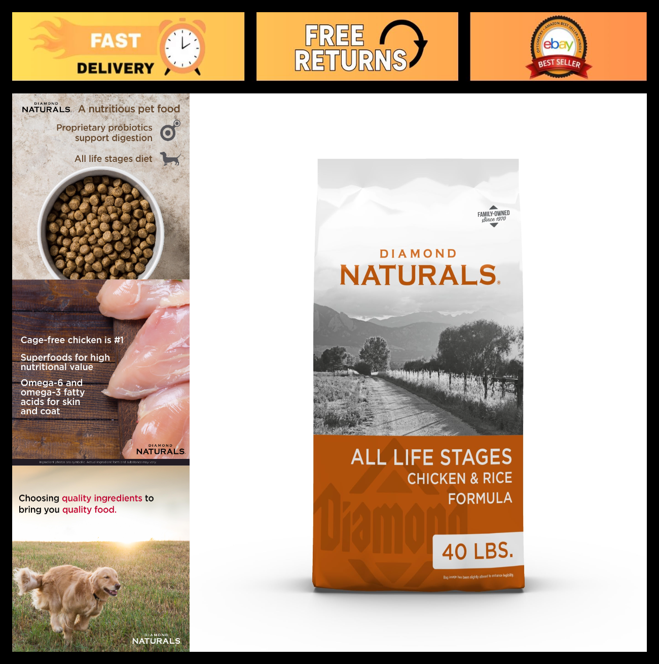 Premium Chicken & Rice Dry Dog Food for Puppies, Adults & Seniors   40lb Bag0