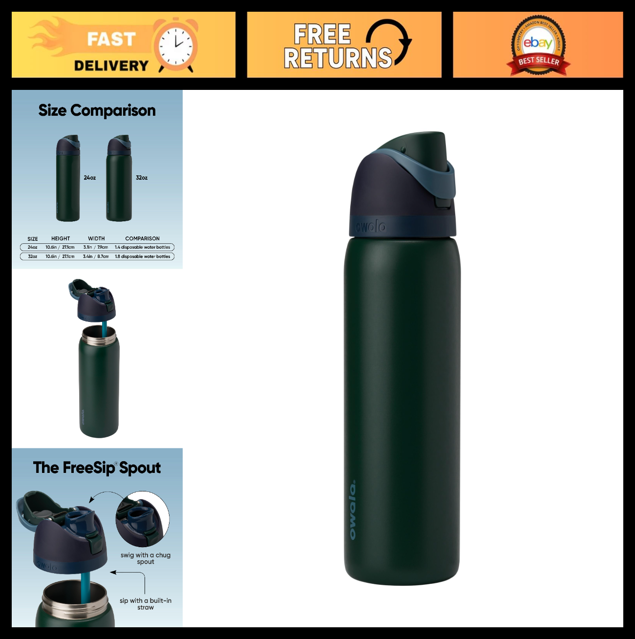 Insulated Stainless Steel Water Bottle 32 Oz with Straw   BPA Free, Travel Frien0