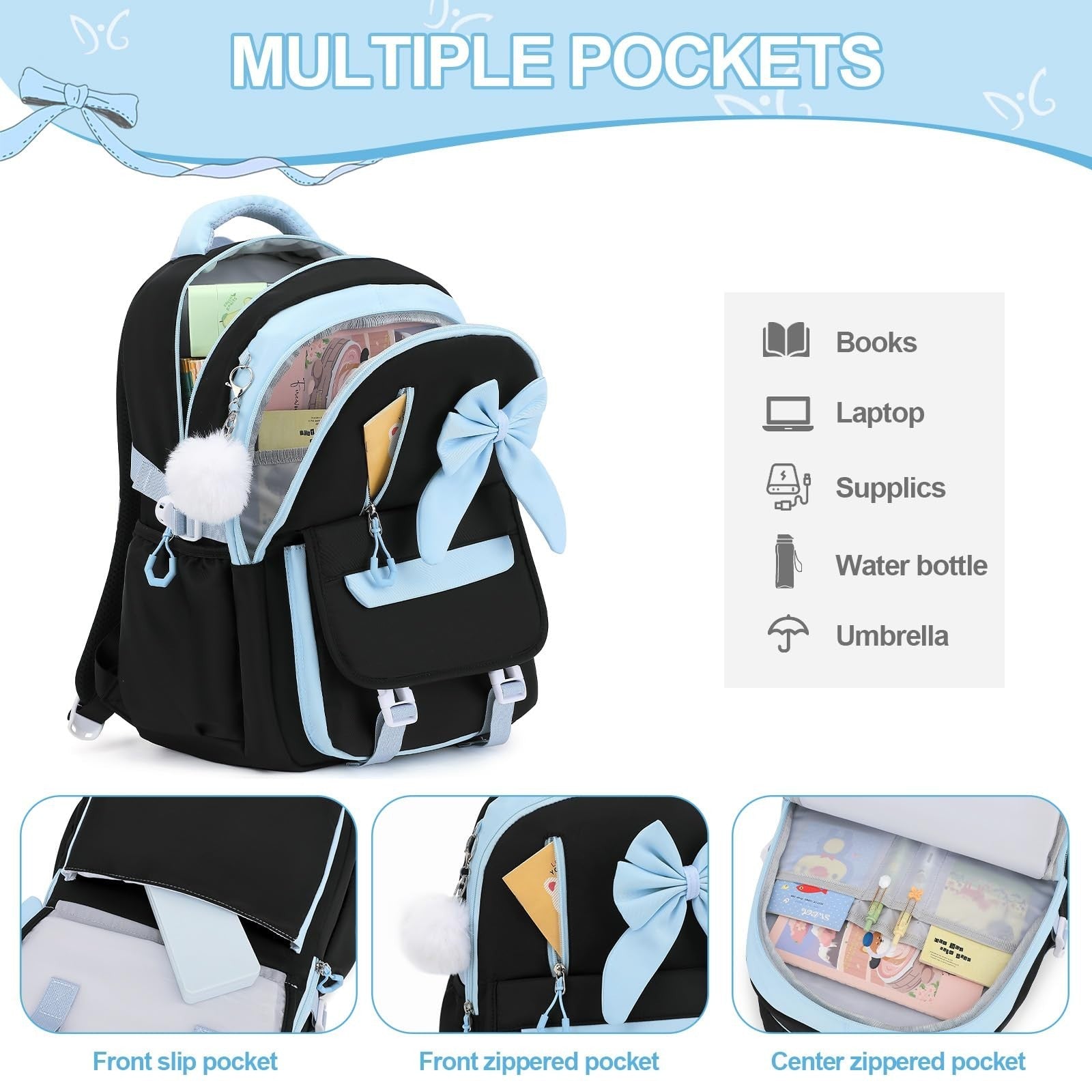 Girls Bow Backpack Set   3PCS with Lunch Bag & Pencil Case   Cute School Bag3