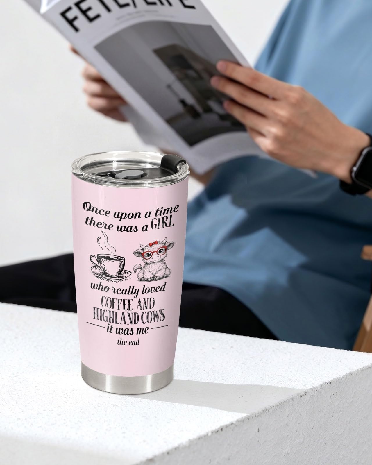 Cute Highland Cow Tumbler 20oz   Pink Insulated Travel Mug, Kawaii Farm Animal G6