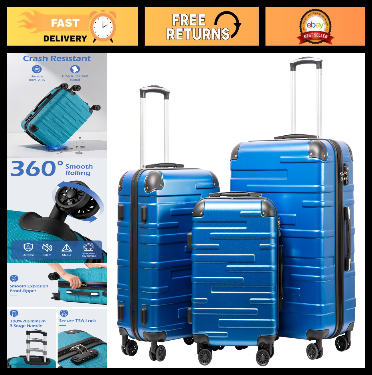 3-Piece Hardside Luggage Set - ABS, Scratch-Resistant, TSA Lock, 360° Spinner Wh0