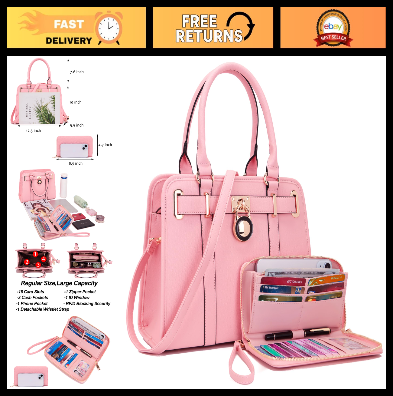 Stylish Women's Structured Satchel Tote Handbag Set with RFID Wallet - Fashionab0