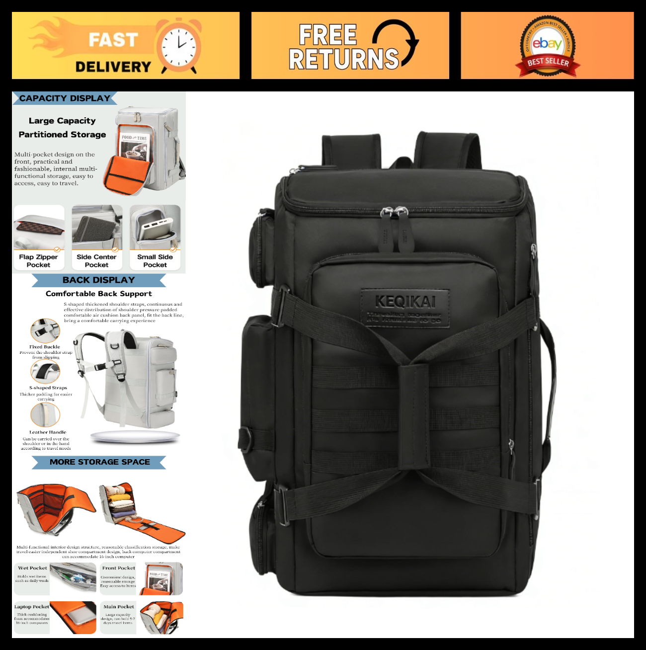 50L Waterproof Travel Duffle Backpack for Men & Women - Gym, Sports, Weekend Bag0