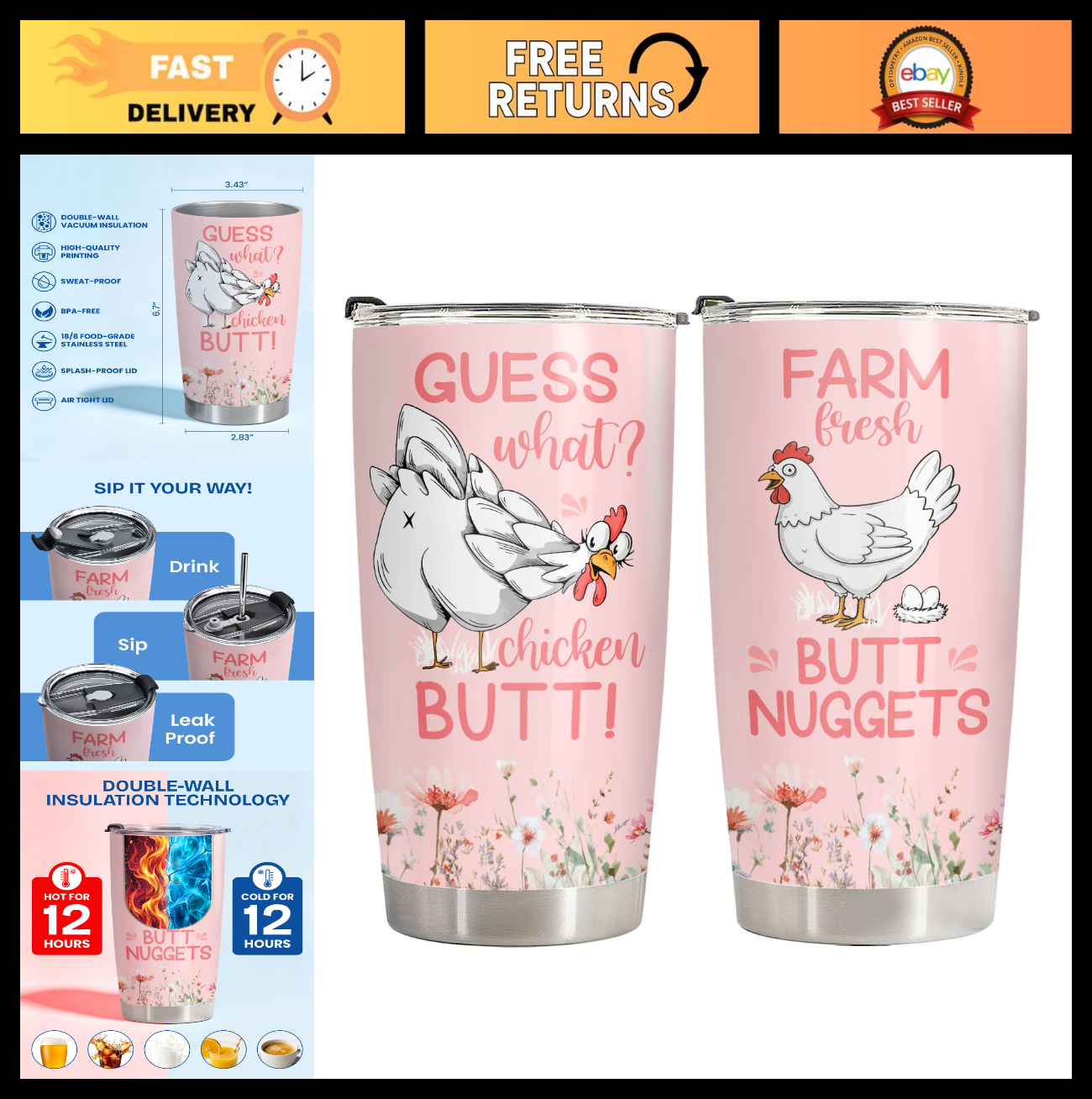 Funny Chicken Tumbler 20oz Insulated Travel Mug with Lid   Cute Farmhouse Gift f0