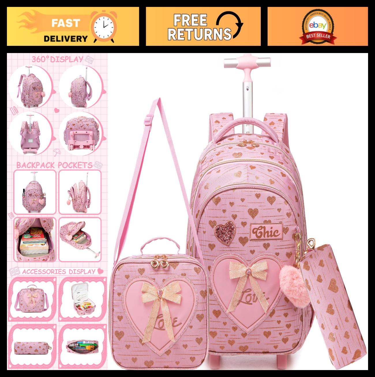 Rolling Kids Backpack with Lunch Box   Girls Wheeled Travel Suitcase for Ages 6 0