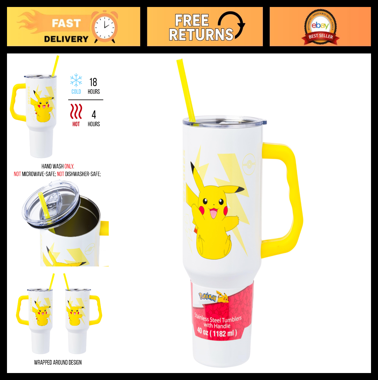 40oz Double Walled Stainless Steel Tumbler with Handle   Pikachu Design, Fits Cu0