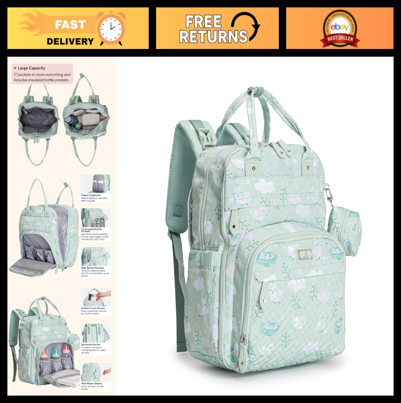 Multi Function Water Resistant Diaper Bag Backpack   Baby Travel Tote with Chang0