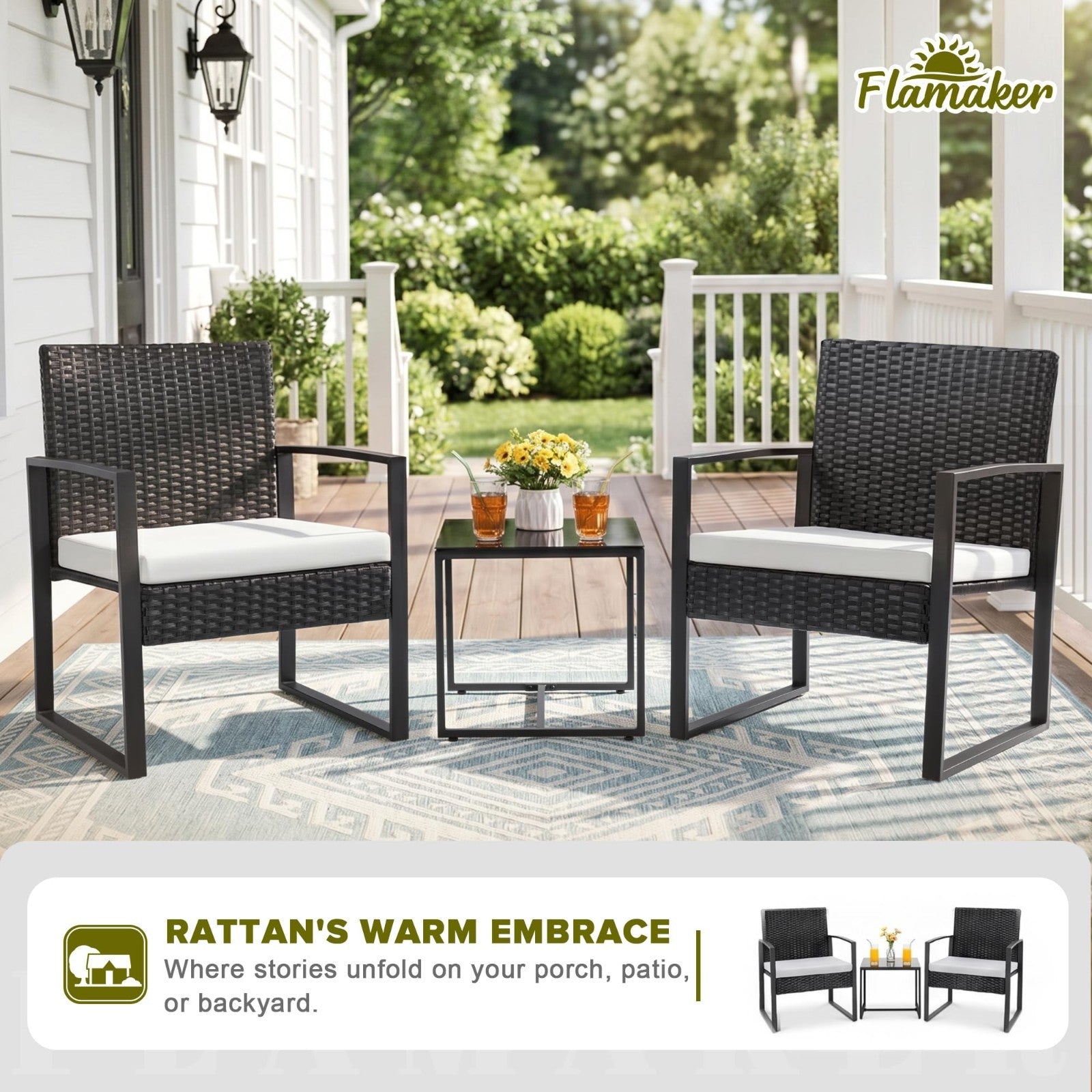 3 Piece Outdoor Wicker Patio Furniture Set | Modern Rattan Bistro Chairs & Table3