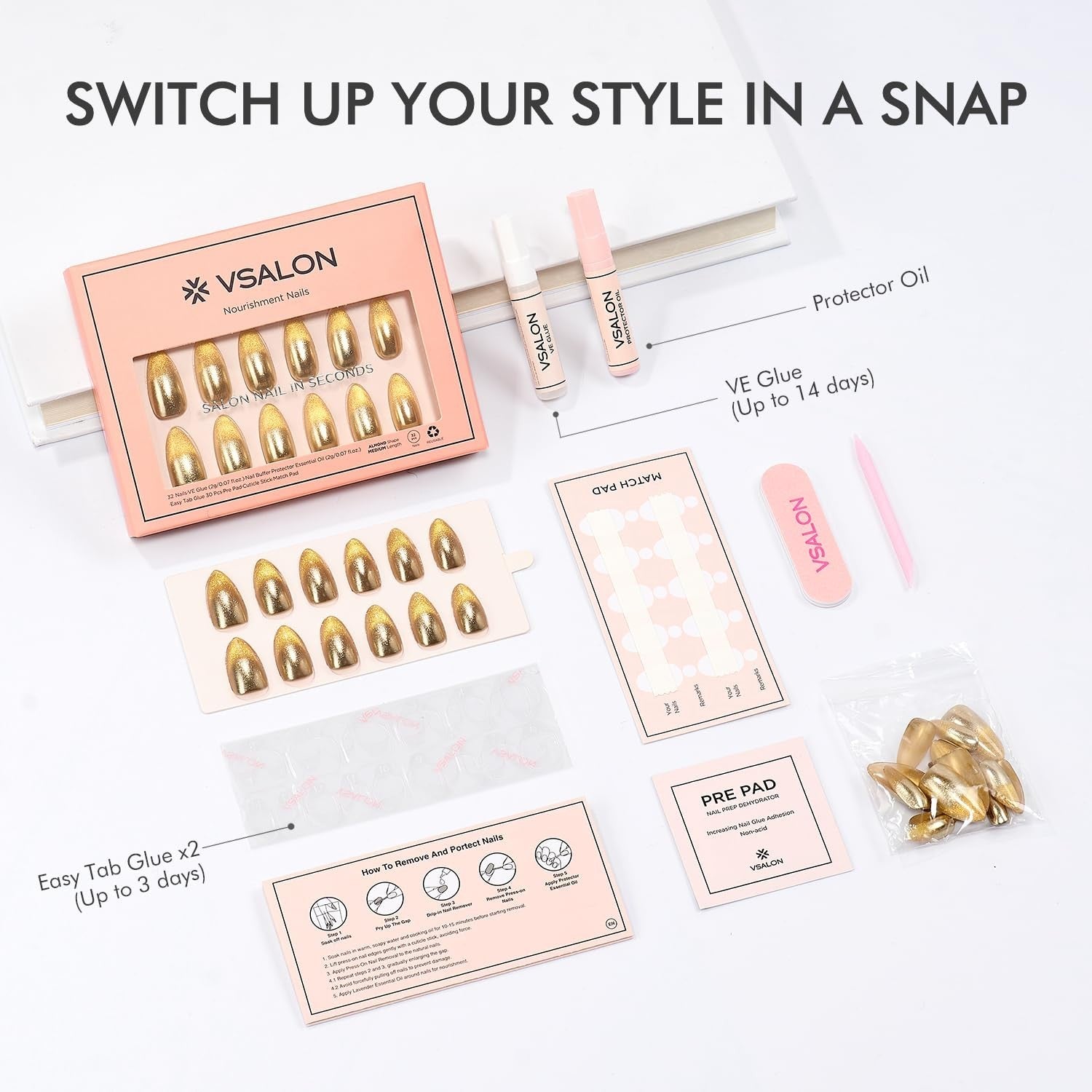 Medium Almond Press on Nails - Metallic Golden Ombre Cat Eye, Reusable 32-Piece2