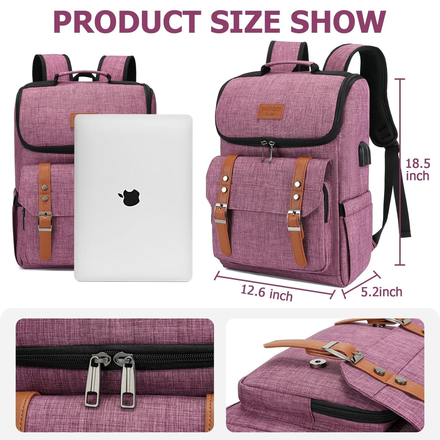 Vintage Travel Laptop Backpack with USB Charging Port, Fits 15.6" - Purple/Brown4