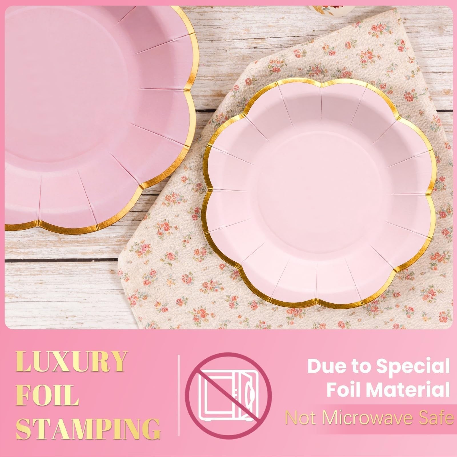 350 Pcs Pink Scalloped Paper Plates & Napkins Set for 50 Guests | Gold Rim Dispo4