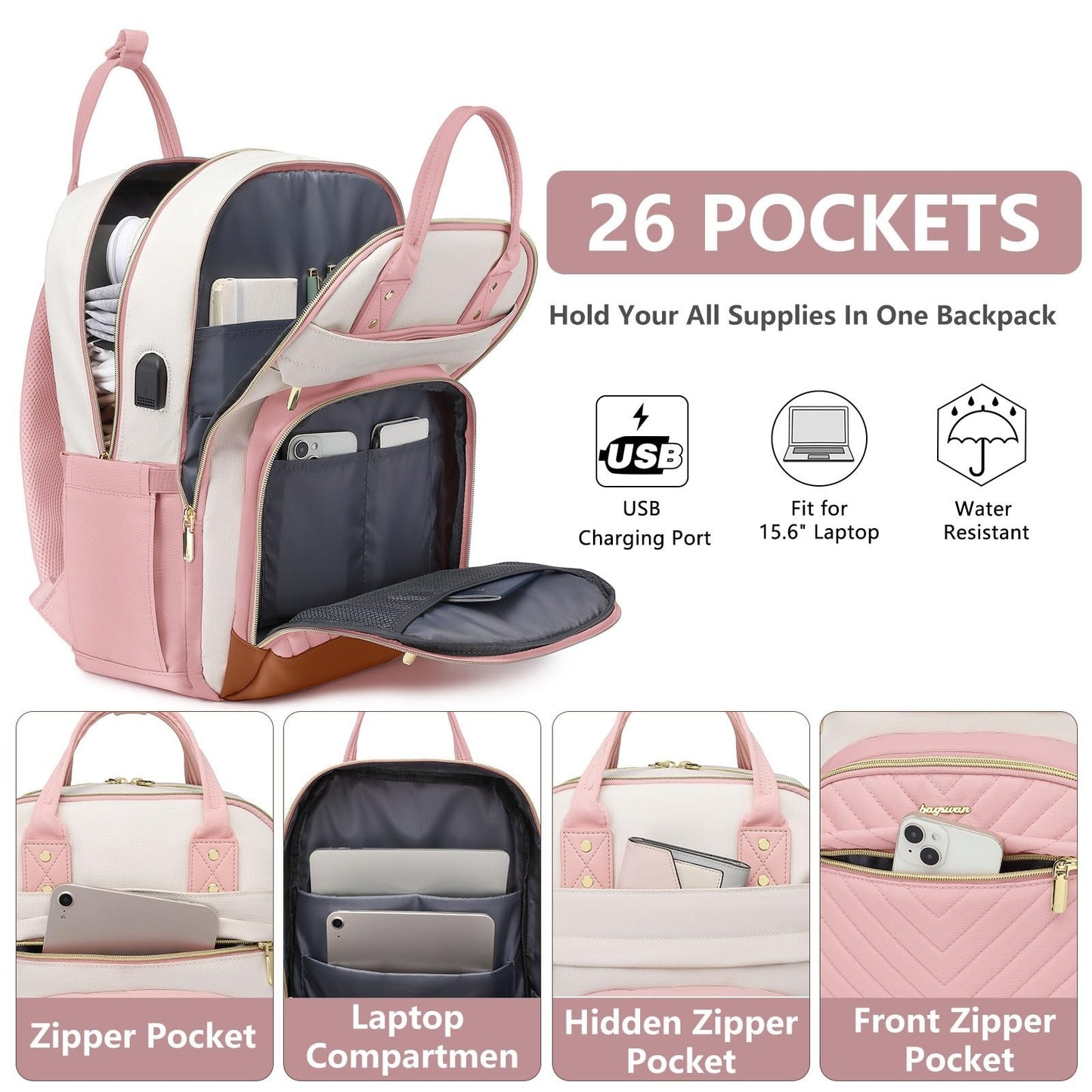 Stylish Waterproof School Backpack for Women & Teens   15.6" Laptop Bag with USB2