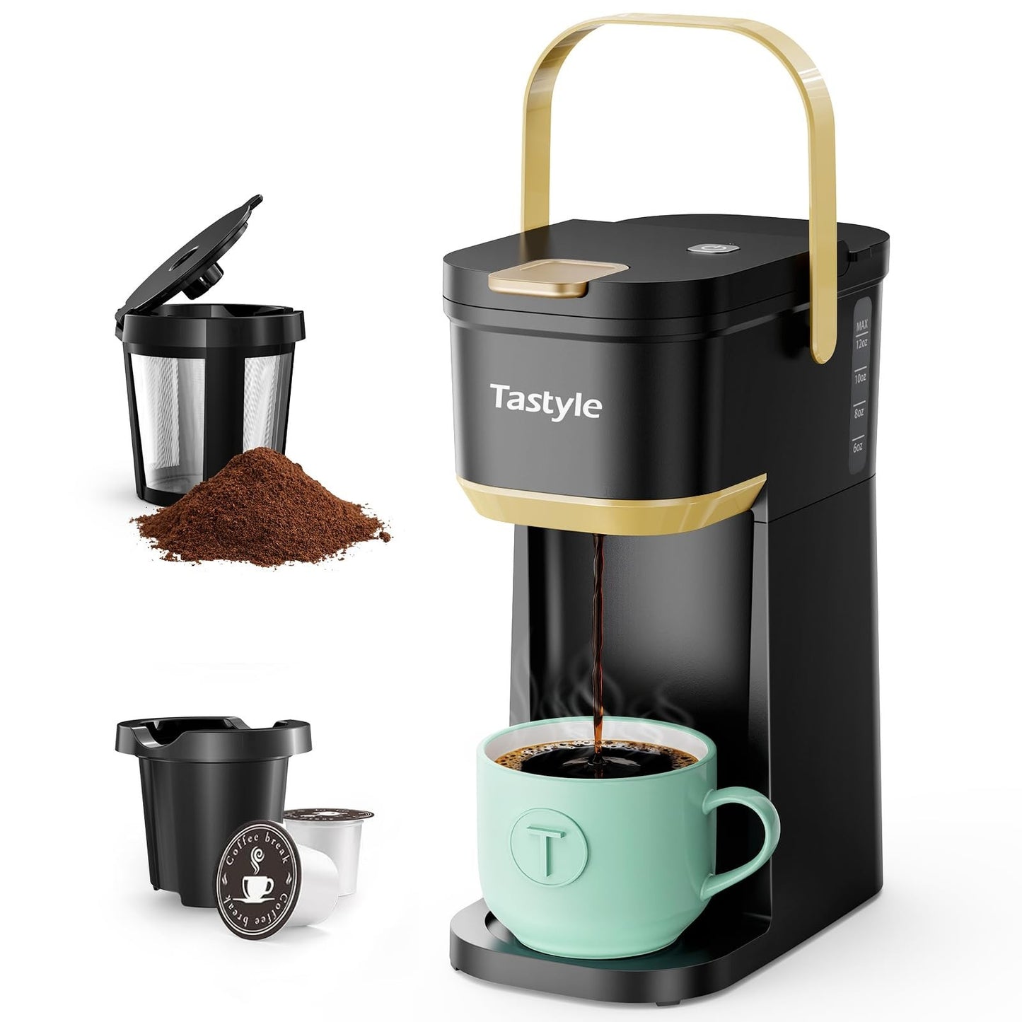 Compact Single Serve Coffee Maker for K Cups & Grounds, Portable Mini Brewer, 6-1