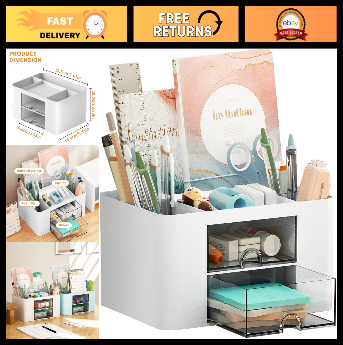 Multi Functional Desk Organizer with 2 Drawers, 5 Compartments for Art Supplies0