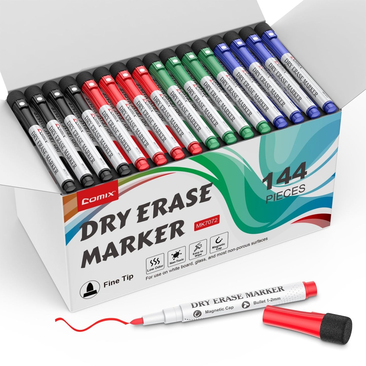 Magnetic Dry Erase Markers Set - 144 Fine Tip, Low Odor, Eraser Caps, Classroom1