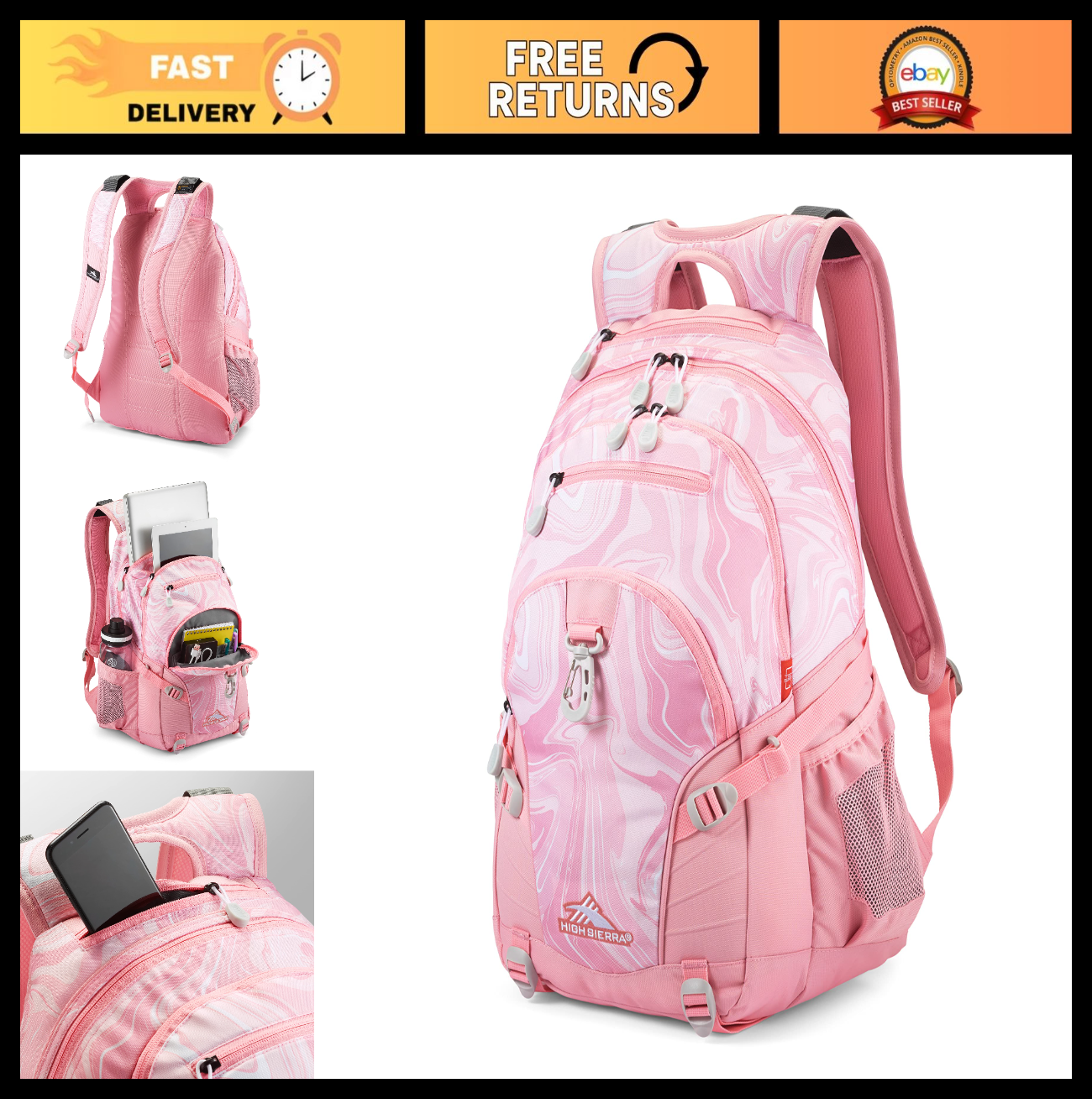 Versatile Pink Marble Backpack for Travel & Work, Tablet Sleeve, One Size0