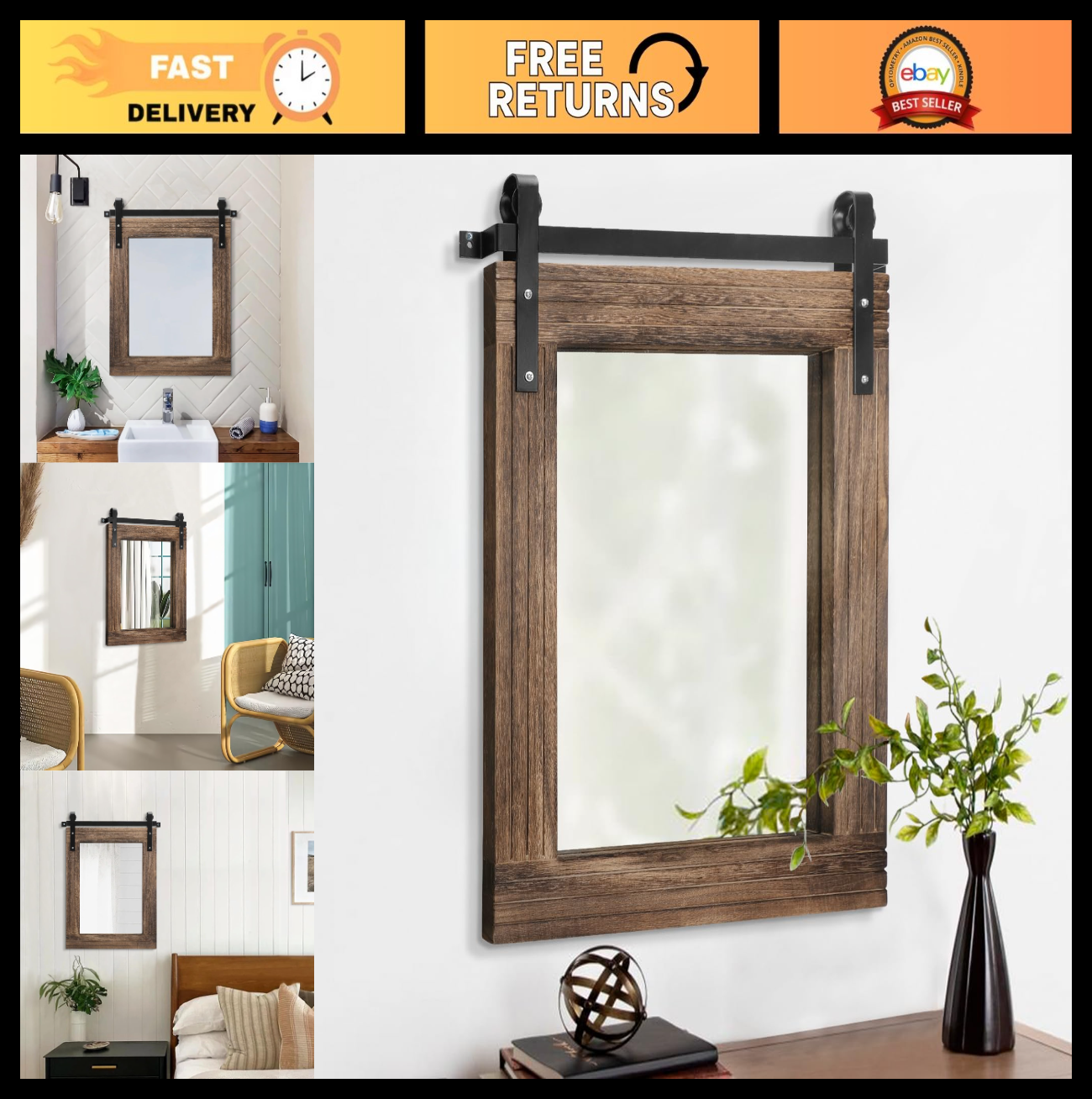 Rustic Barn Door Wall Mirror - Large 20"x16" Wood Framed Decorative Mirror for H0