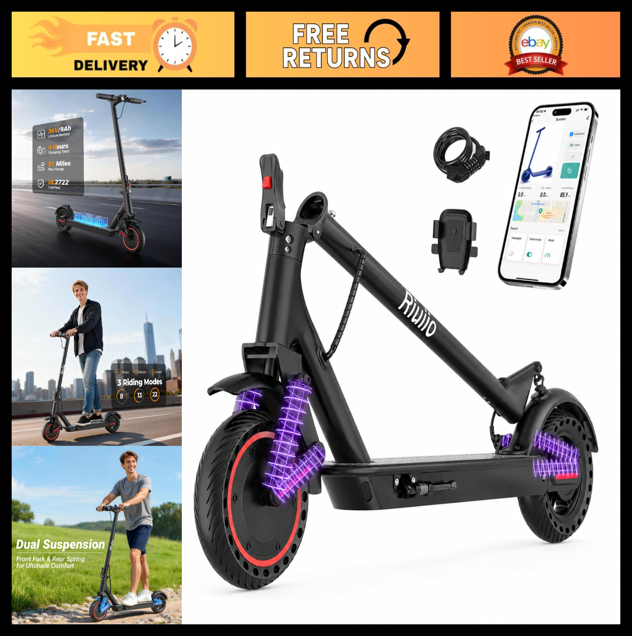 Powerful Electric Scooter 350W-500W, 9-22 MPH, 10-41 Mile Range, Dual Suspension0
