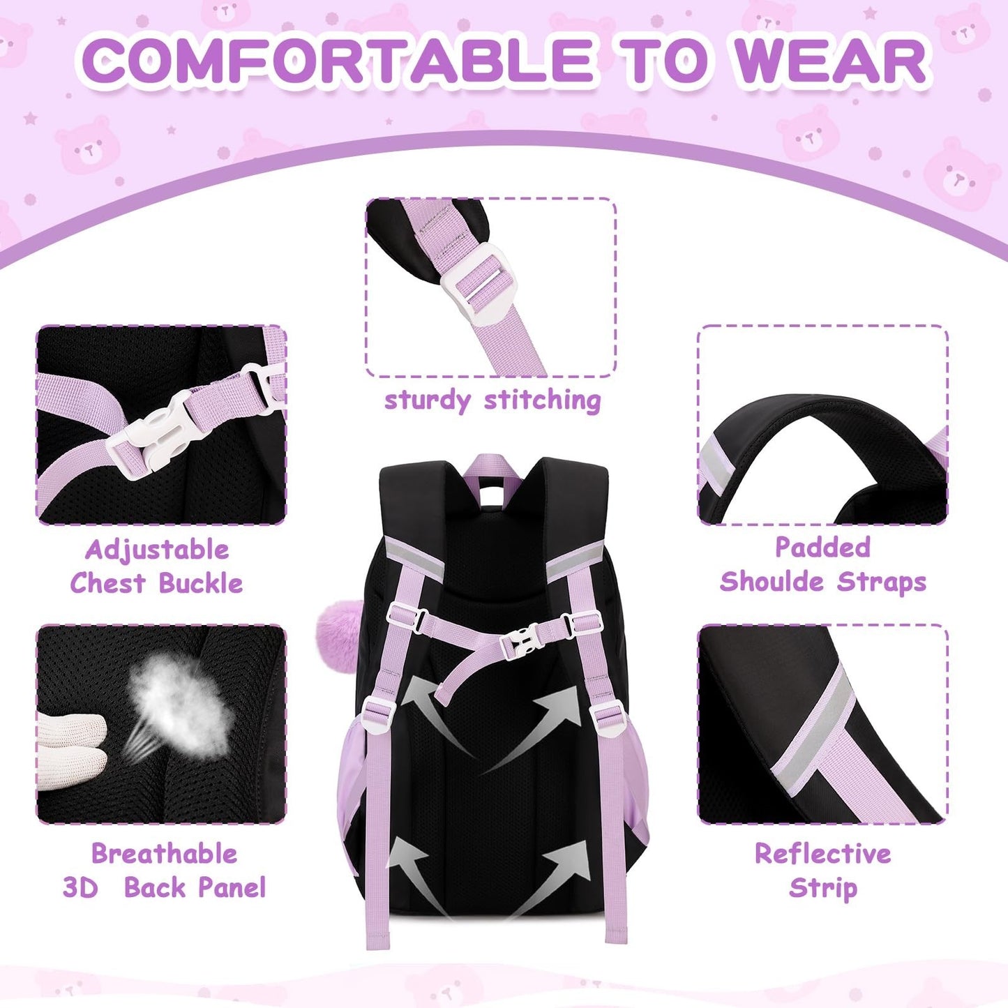 Kawaii Girls School Backpack - Cute Black & Purple Book Bag for Middle & Element4