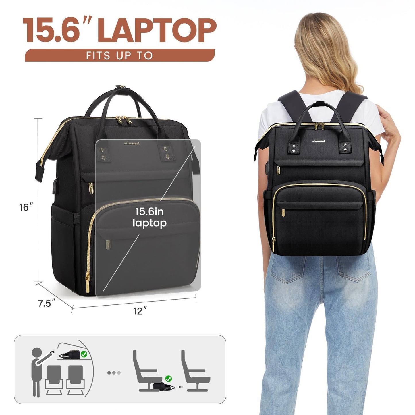 Stylish 15.6" Laptop Backpack for Women, Waterproof Travel Bag with USB Port, Id4