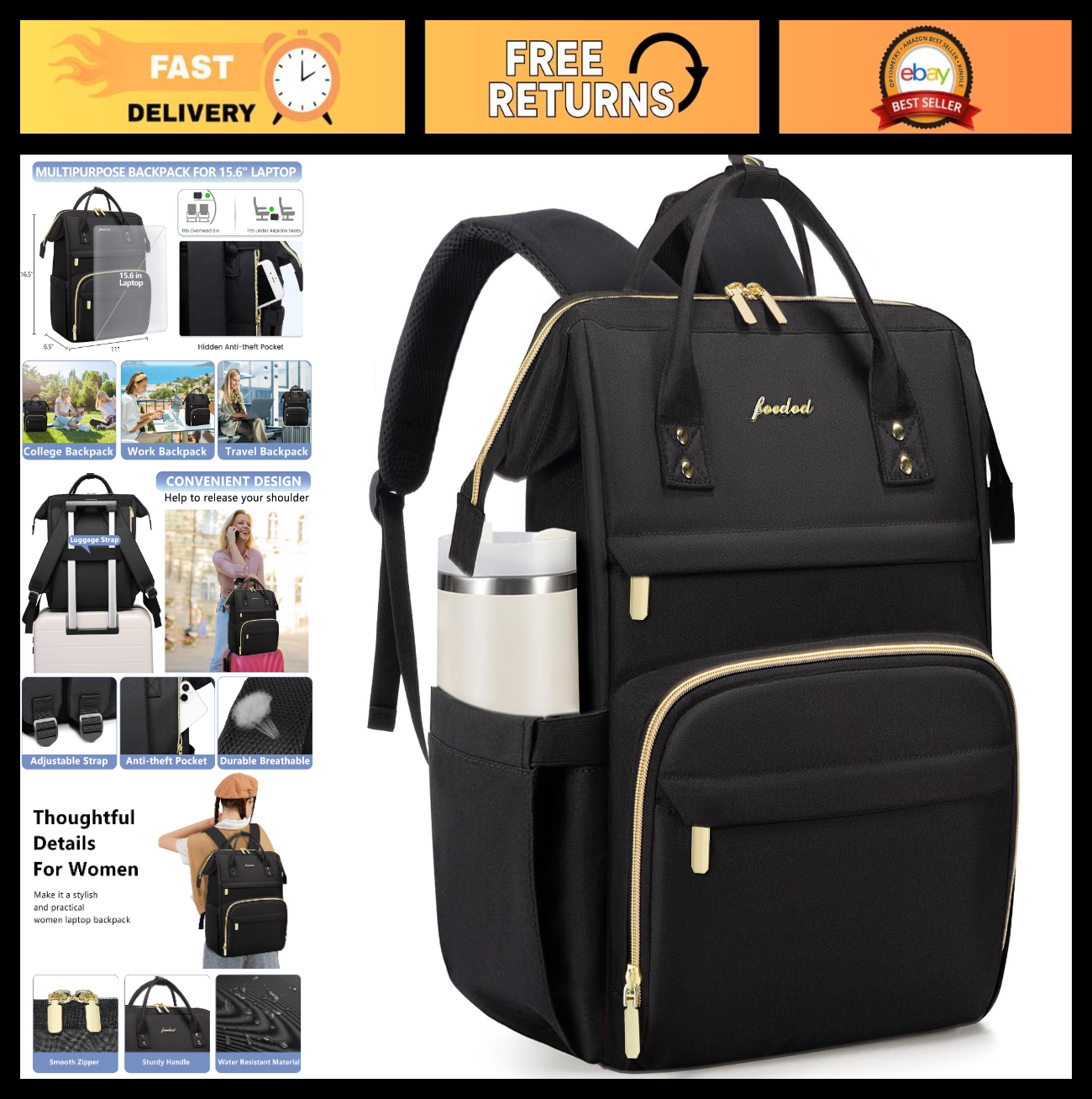Stylish Waterproof Laptop Backpack for Women   Fits 15.6"   Travel Work Bag, Col0