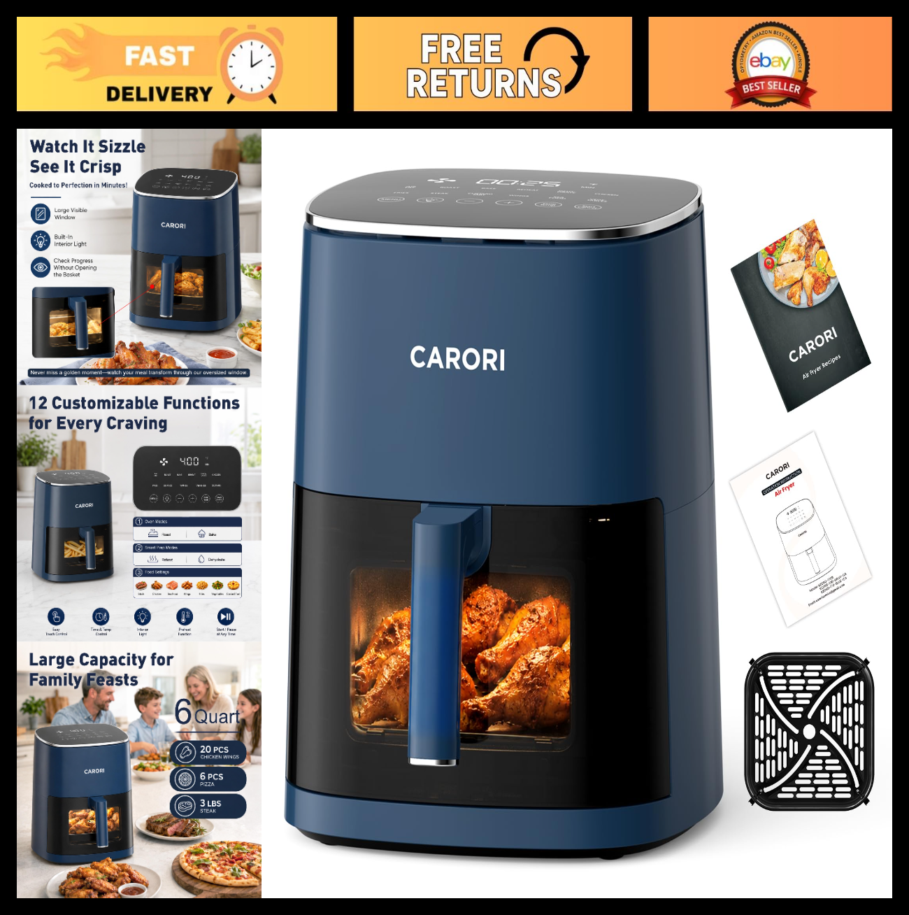 6 Qt Air Fryer with Viewing Window, 12 Cooking Presets, 1700W, Nonstick Basket0