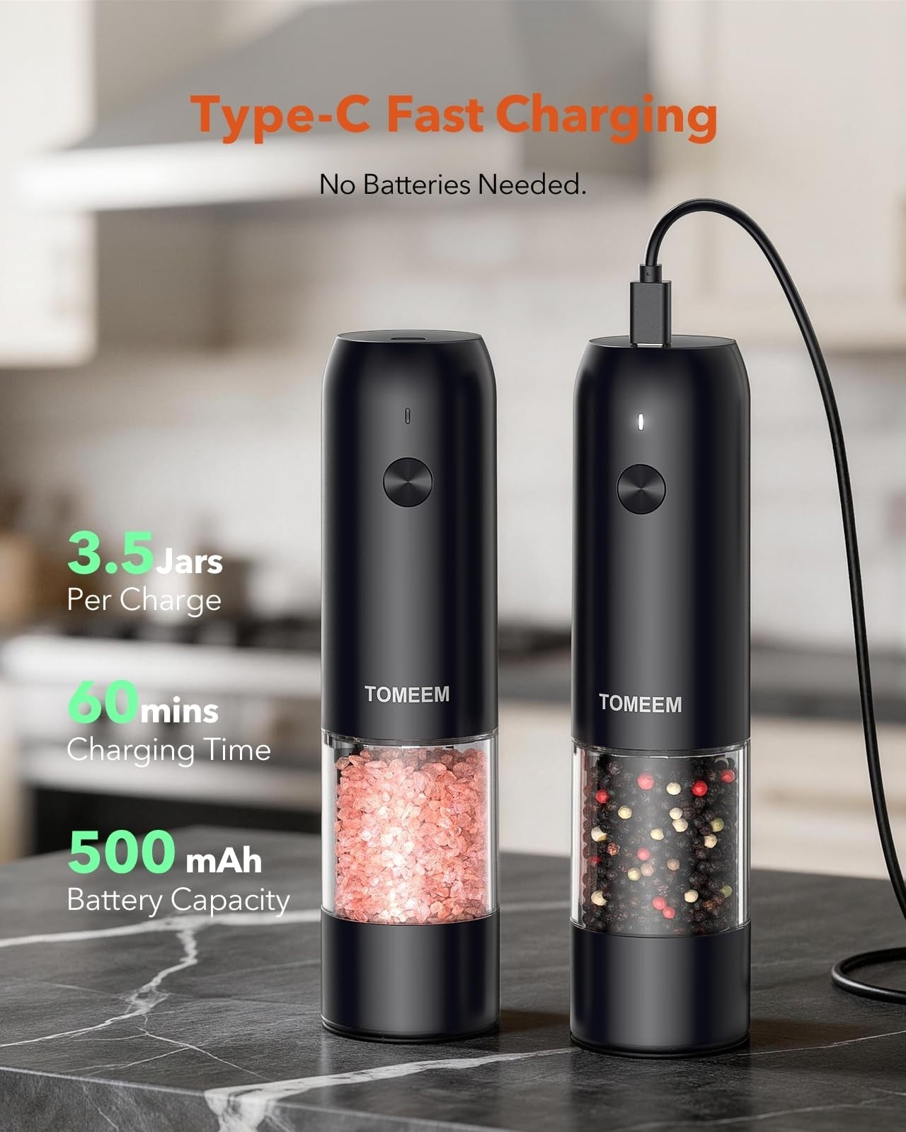 Rechargeable Electric Salt & Pepper Grinder Set with LED, Adjustable Coarseness,3