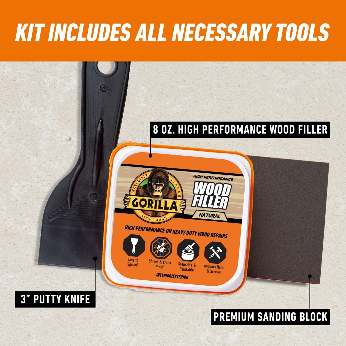 All Purpose Wood Filler Repair Kit with Putty Knife & Sanding Block   Easy Fix!2
