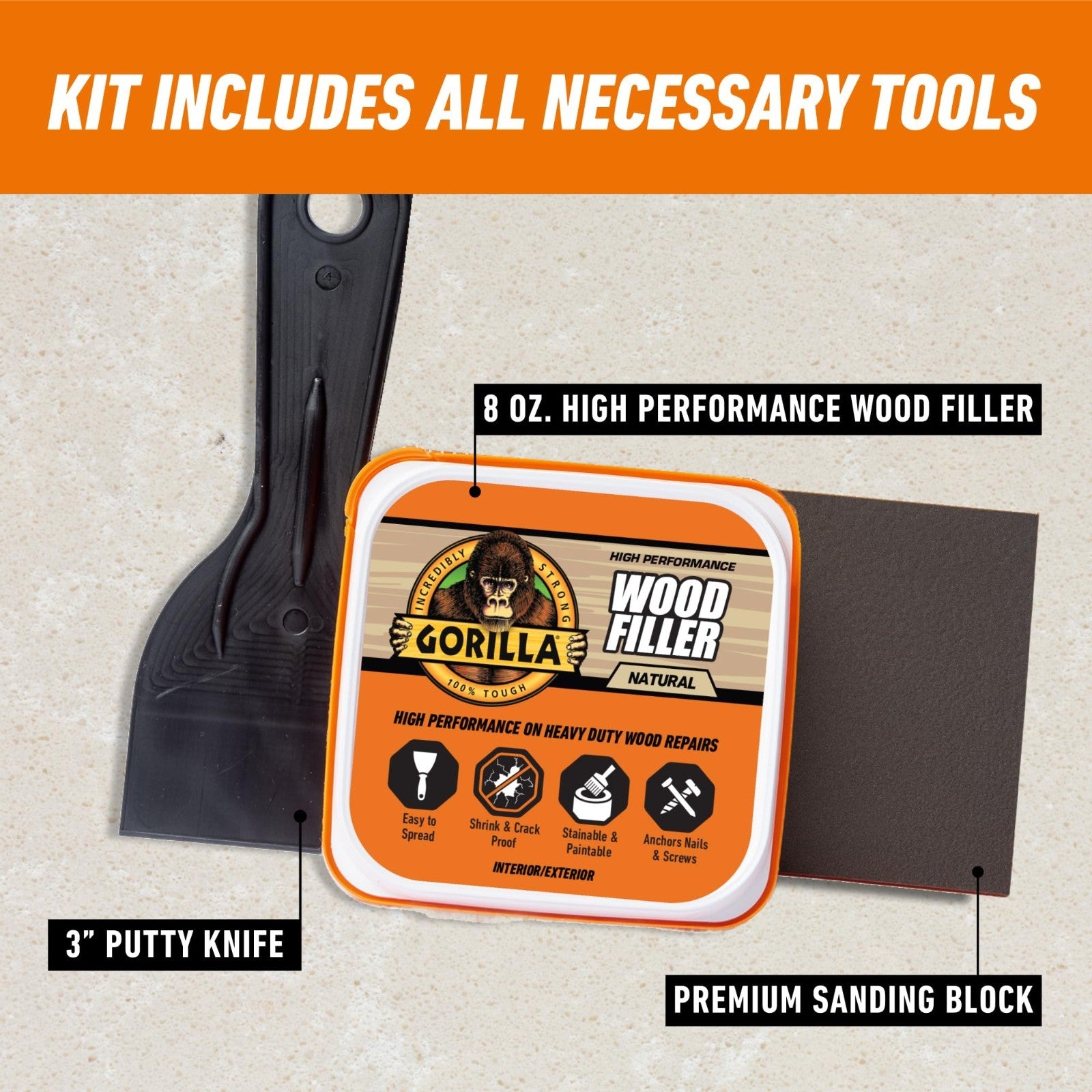 All Purpose Wood Filler Repair Kit with Putty Knife & Sanding Block   Easy Fix!2