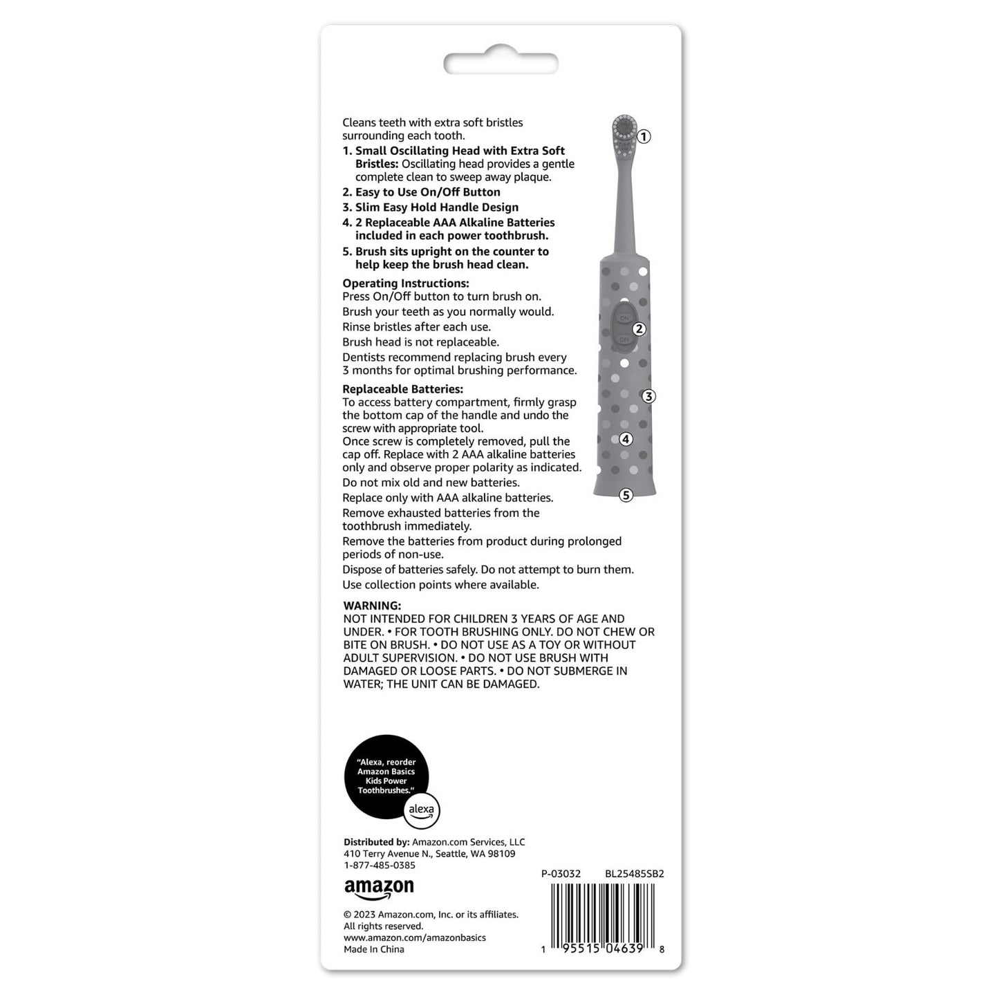 Kids Electric Toothbrush   Battery Powered, Soft Bristles, Oscillating Head, 2 P2