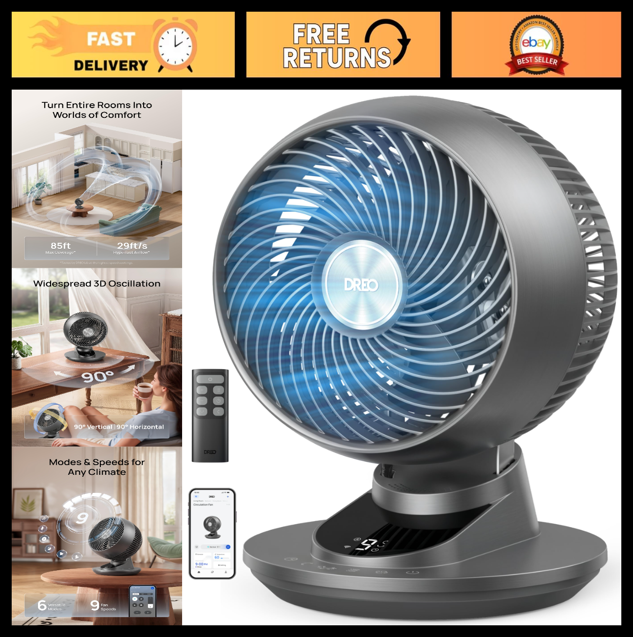 Powerful 12" Smart Fan with 85 ft Airflow, Quiet 20dB, 90° Oscillation, App/Voic0