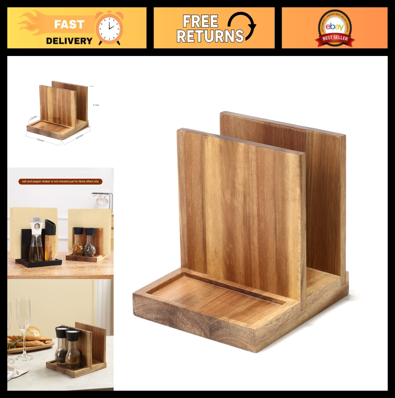 Wooden Napkin Holder Caddy for Salt & Pepper Shakers - Kitchen, Bar, Home Décor0