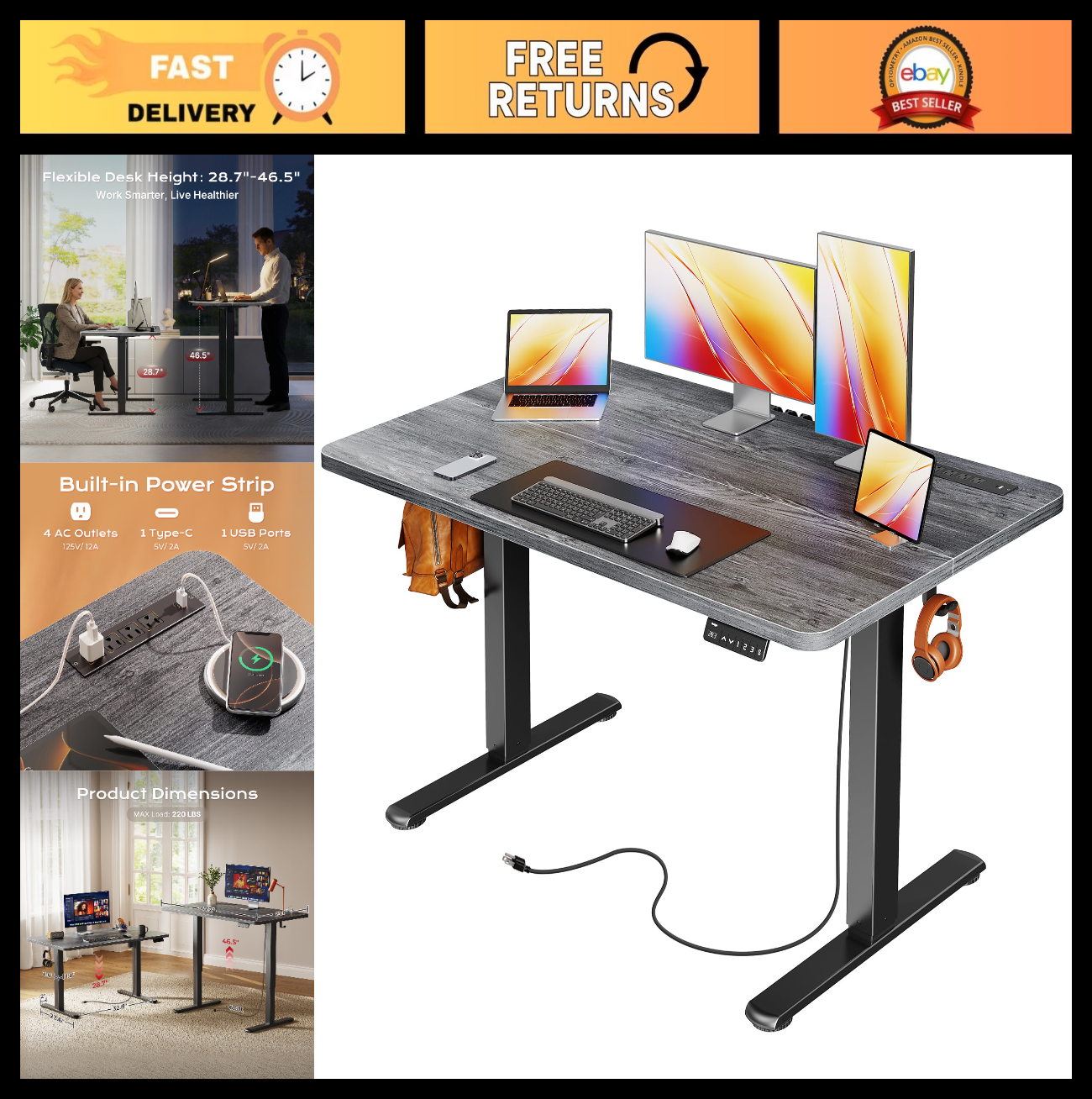 Height Adjustable Electric Standing Desk with USB-C & Power Outlets, 47x24" - Ho0