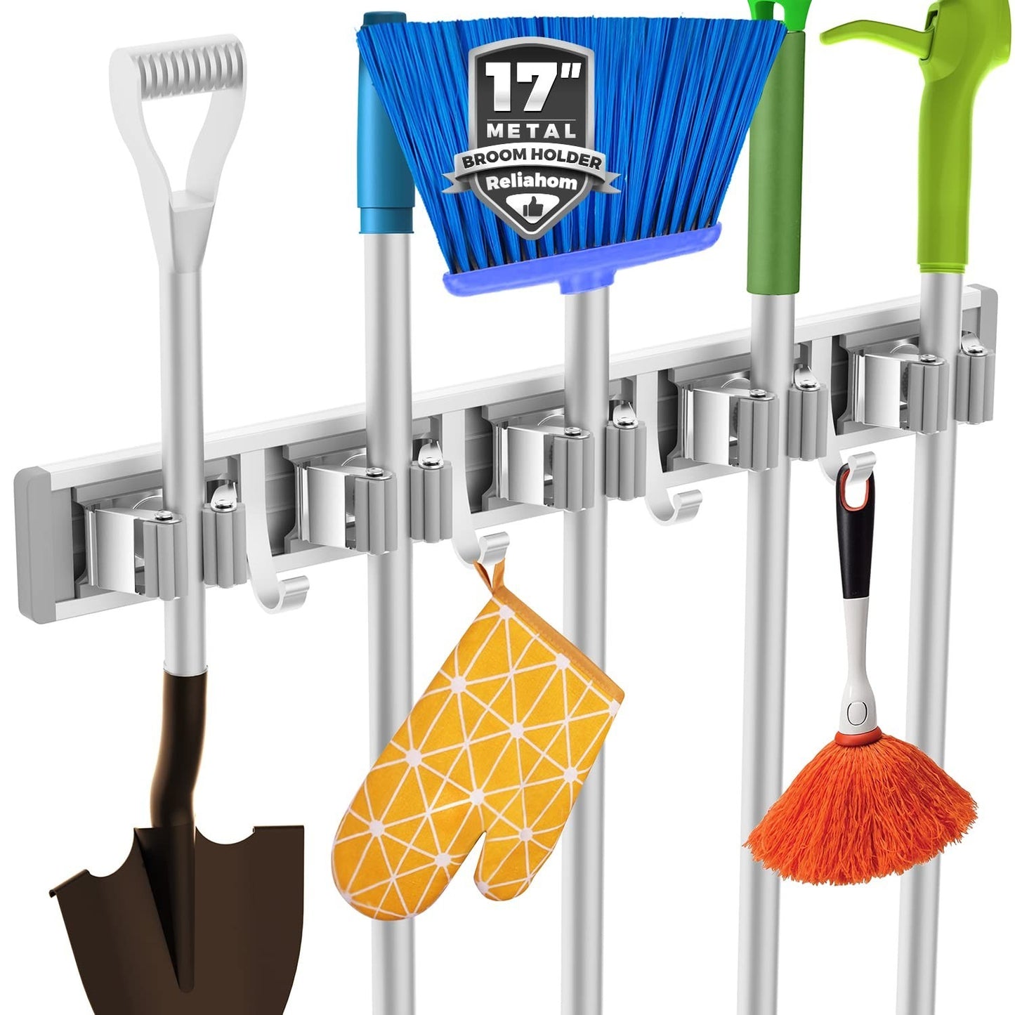 Wall Mount Broom Holder & Mop Hanger - 5 Racks, 4 Hooks Tool Organizer1