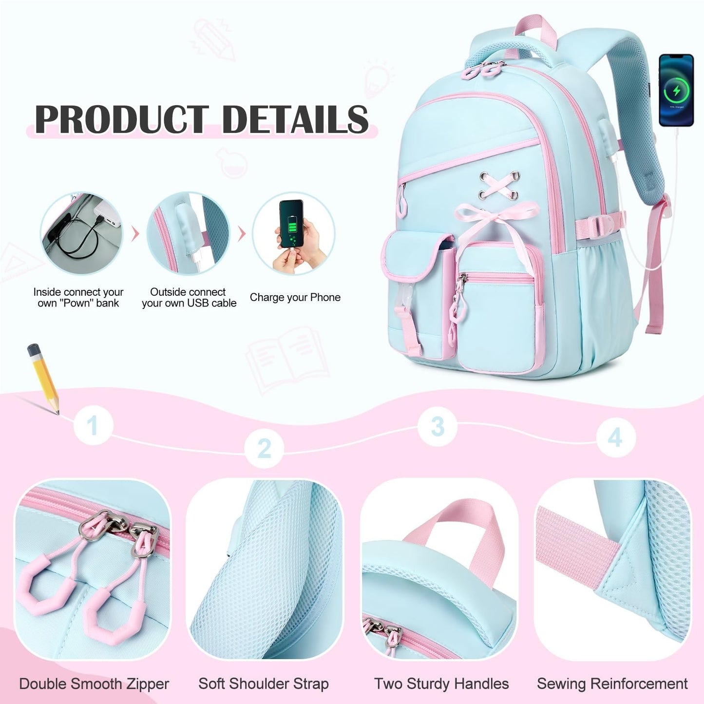 Girls School Backpacks Set   6PCS with Bento Box, Lunch Bag & Pencil Pouch, Aqua5