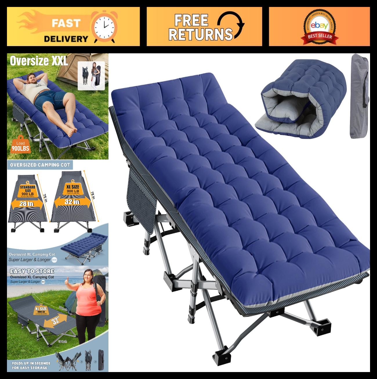 Oversized Folding Camping Cot for Adults   32" Wide, 900 lbs Capacity, Includes0